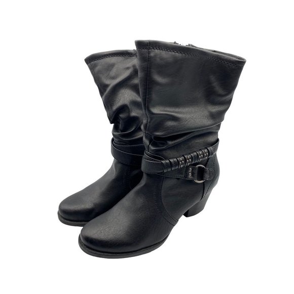Bare Traps Shoes - 6.5M Bare Traps Women's "Reemona" Black Faux Leather Side Zip Boots 2" Block Hee